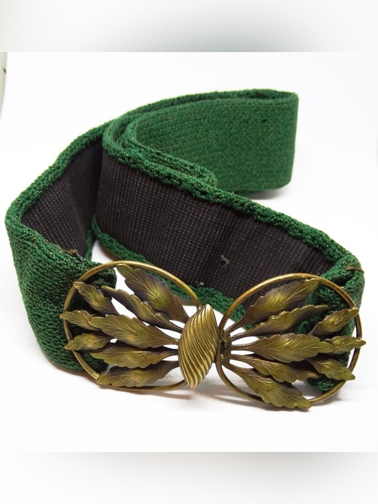 Vintage 30s/40s Knit Green Belt with Antique Brass Art Nouveau Buckle
